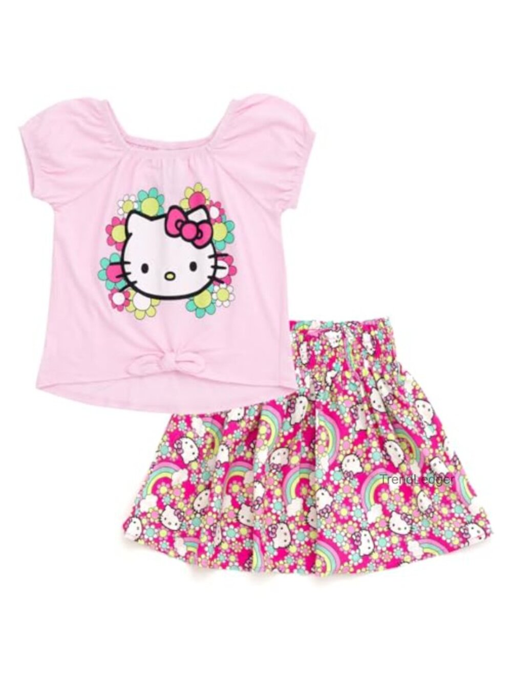 Hello Kitty Girls 2-Piece T-Shirt Skirt Set Toddler to Big Kid Puff Sleeve